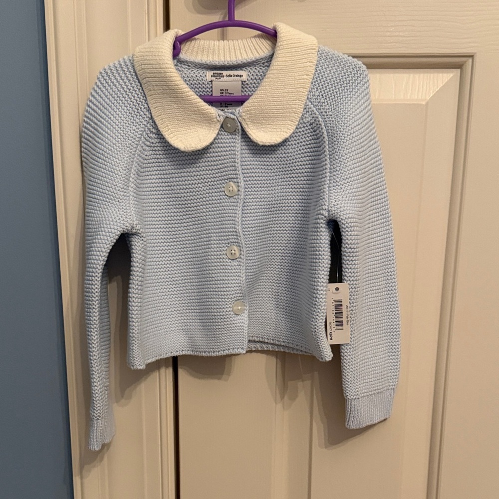 NWT Amazon Basics x Sofia Grainge Light Blue Kids Cardigan with Cream Collar